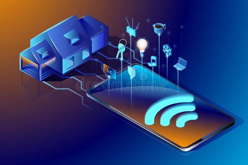smart house technology isometric vector illustration showing building connected to cell phone abstract concept introducing 124401418