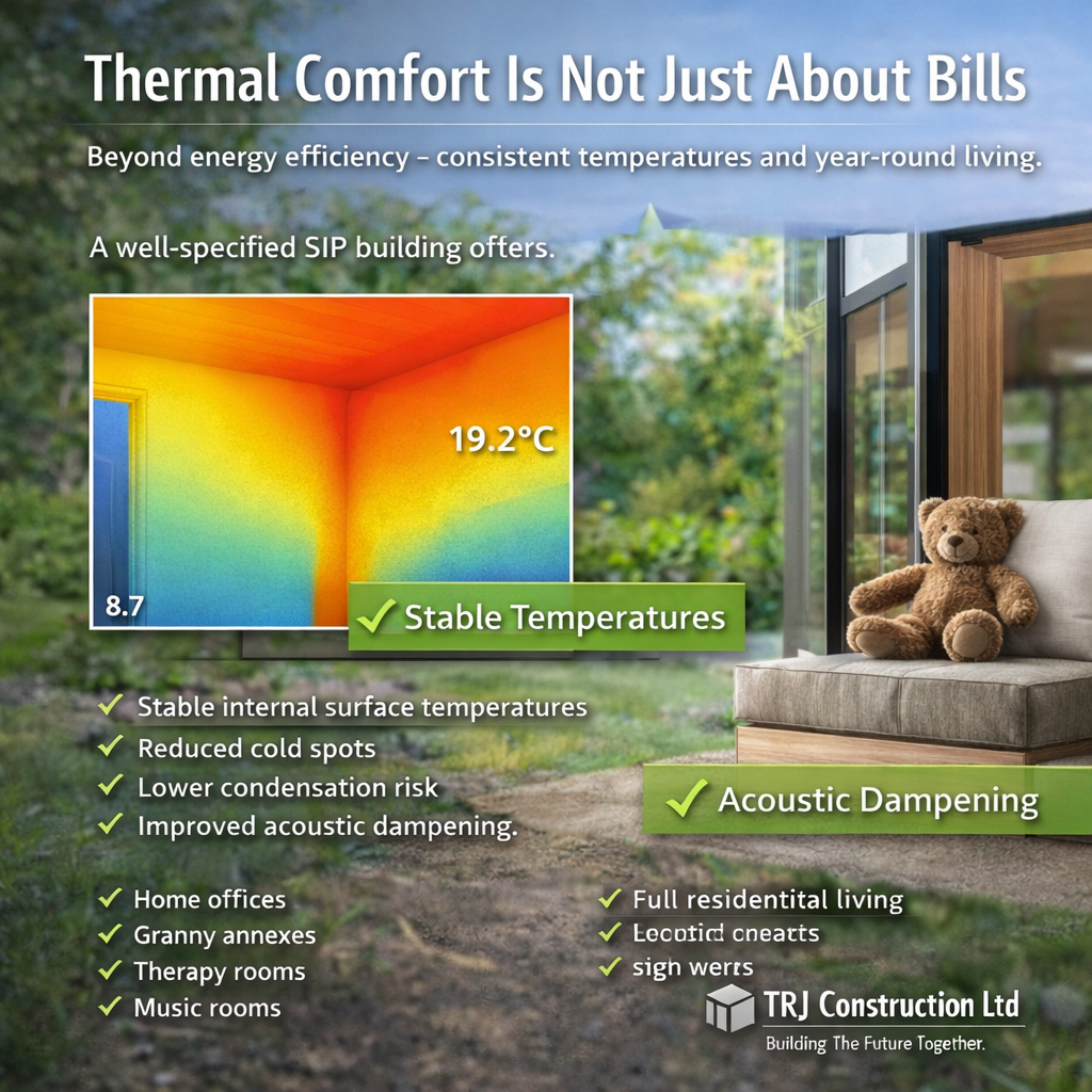 Our SIP panels provide continuous insulation throughout the structure, eliminating cold spots and maintaining a stable internal temperature all year round.